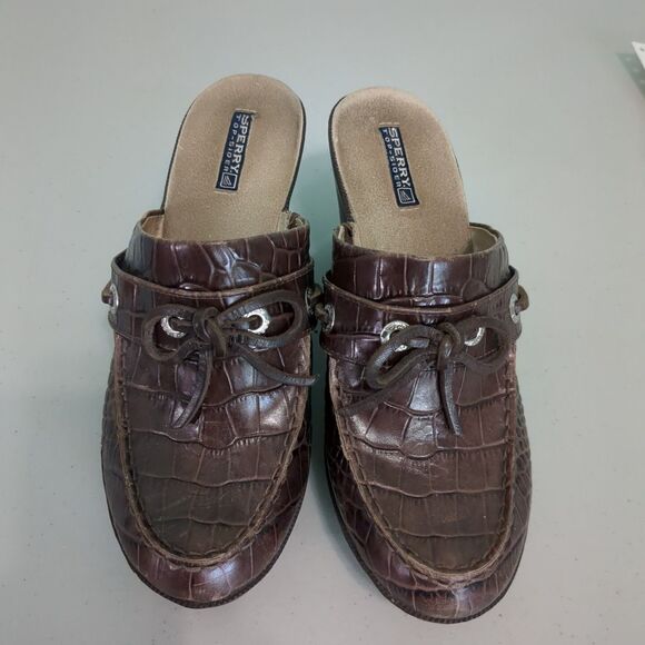 Sperry Top Sider Mule Brown Leather Croc Print Tie Platform Block Heel 7.5 - Picture 2 of 5